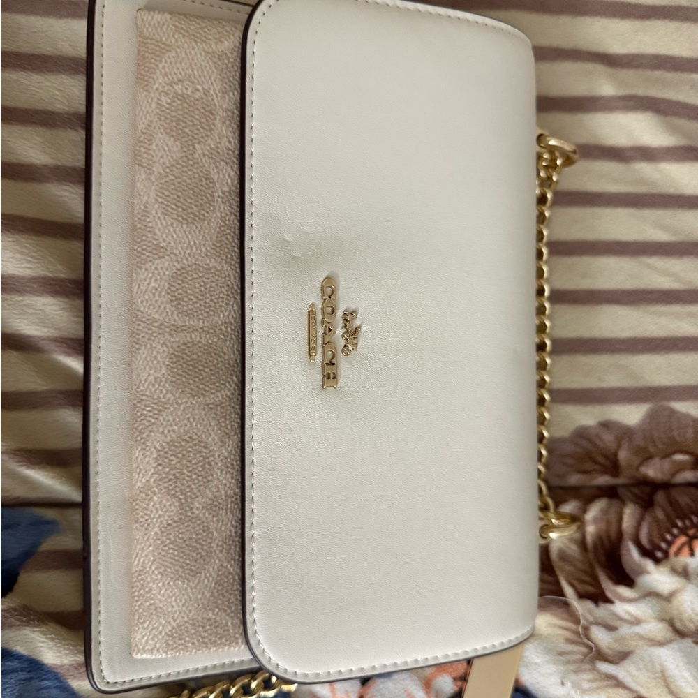 Coach White and Gold Crossbody Bag with Monogram